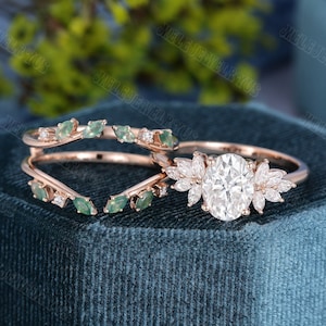 Oval cut Moissanite Engagement Ring set Rose gold Marquise Engagement Ring Vintage Unique Cluster ring double curved Moss agate promise gift