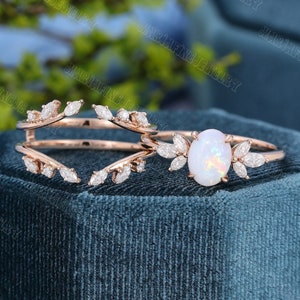 Oval Opal Engagement Ring set Rose gold Engagement Ring Vintage Unique Marquise cut Moissanite Cluster ring double curved diamond Wedding