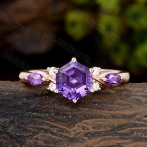 6mm regular Hexagon cut Amethyst Engagement Ring Unique Rose gold Engagement Ring Marquise diamond ring Anniversary promise women gift
