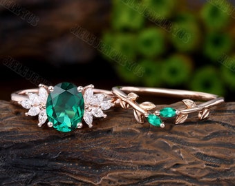 Oval cut Lab emerald Engagement Ring set Rose gold cluster Moissanite Engagement Ring Vintage marquise emerald Wedding Anniversary promise