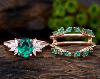 Oval cut Lab emerald Engagement Ring set Rose gold cluster marquise Moissanite Engagement Ring Vintage emerald Wedding Anniversary promise