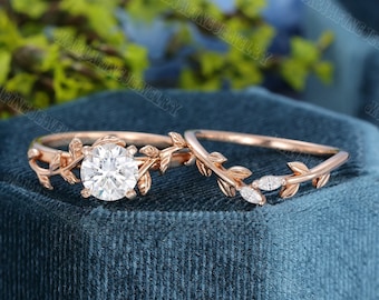 Moissanite engagement ring set Leaf style Rose gold Engagement ring Unique Vintage marquise diamond bridal Anniversary Promise gift for her