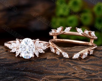 Oval cut moissanite/Lab diamond Engagement Ring set Rose gold Engagement Ring Vintage Unique Marquise double curved diamond promise gift