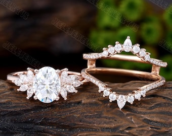 Pear Cut Moissanite Engagement Ring Set Unique 10k/14k Rose Gold