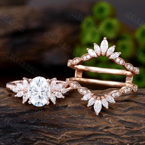 Anillo de compromiso doble de moissanita de corte ovalado, anillo de compromiso de oro rosa, anillo de racimo único vintage, diamante marquesa curvo, regalo de promesa