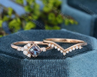 Princess cut Alexandrite Engagement Ring set cluster Rose gold diamond Engagement Ring Unique vintage Wedding ring Anniversary promise Gift