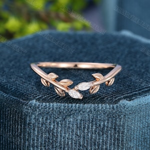 Unique Rose Gold wedding band matching wedding band Art deco marquise diamond Wedding ring Vintage leaf Anniversary promise Day Gift for her