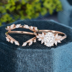 Oval cut moissanite/Lab diamond Engagement Ring set Rose gold Engagement Ring Vintage Unique Marquise double curved diamond promise gift image 1