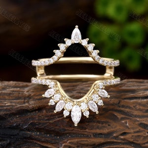 Vintage cluster marquise moissanite double curved wedding band Yellow gold enhancer stacking chevron ring Bridal promise ring Gift for women