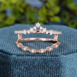 Double Curved Diamond wedding band vintage Rose Gold enhancer ring Unique moissanite milgrain Bridal Stacking Matching ring Promise gift