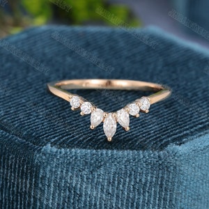 14K Curved Moissanite Wedding Band Vintage Marquise Rose Gold Wedding ...