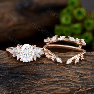 Oval cut moissanite Engagement Ring set Rose gold Engagement Ring Vintage Unique Marquise Opal double curved diamond promise gift for women