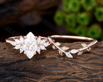 Unique Marquise cut Moissanite engagement ring set Cluster Rose gold Engagement ring Vintage diamond wedding bridal Anniversary Promise gift