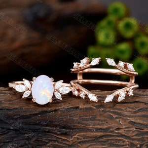 Oval Opal Engagement Ring set Rose gold Engagement Ring Vintage Unique Marquise cut Moissanite Cluster ring double curved diamond Wedding