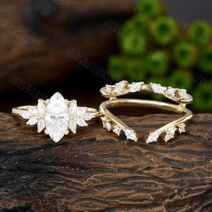 Unique Marquise cut Moissanite engagement ring set Cluster Yellow gold Vintage Engagement ring diamond wedding bridal Anniversary Promise