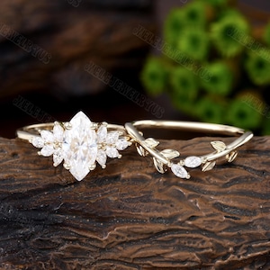 Unique Marquise cut Moissanite engagement ring set Cluster Yellow gold Engagement ring Vintage diamond wedding bridal Anniversary Promise