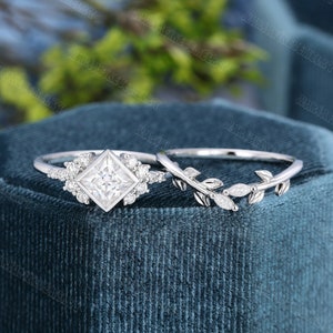 Princess cut Engagement Ring set Unique Vintage cluster Ring White gold moissanite engagement ring  Wedding Bridal Anniversary promise ring