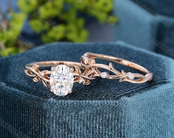 Oval cut Moissanite Engagement Ring set Vintage Unique Twig Rose gold Engagement Ring women Art deco diamond Wedding bridal Anniversary gift