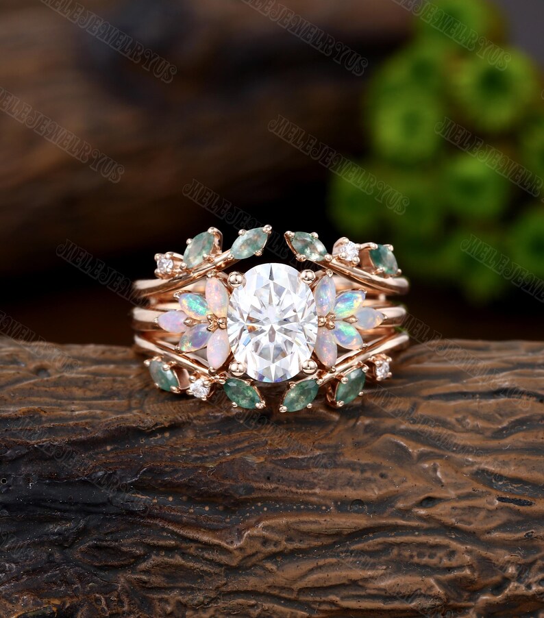 Oval Cut Moissanite Engagement Ring Set Vintage 10k/14k Rose Gold Opal ...