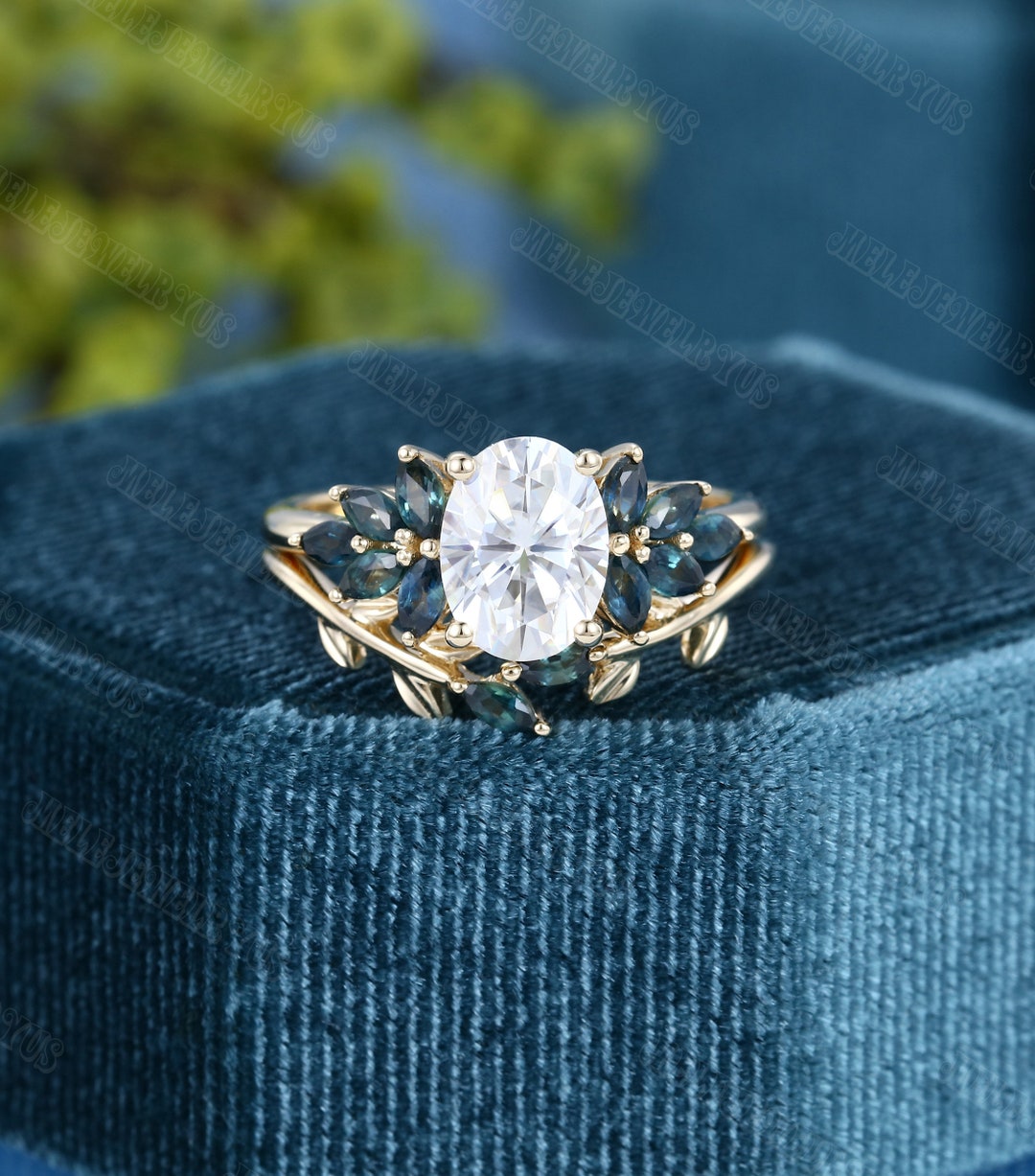 Oval Cut Moissanite Engagement Ring Set Cluster Yellow Gold Engagement ...