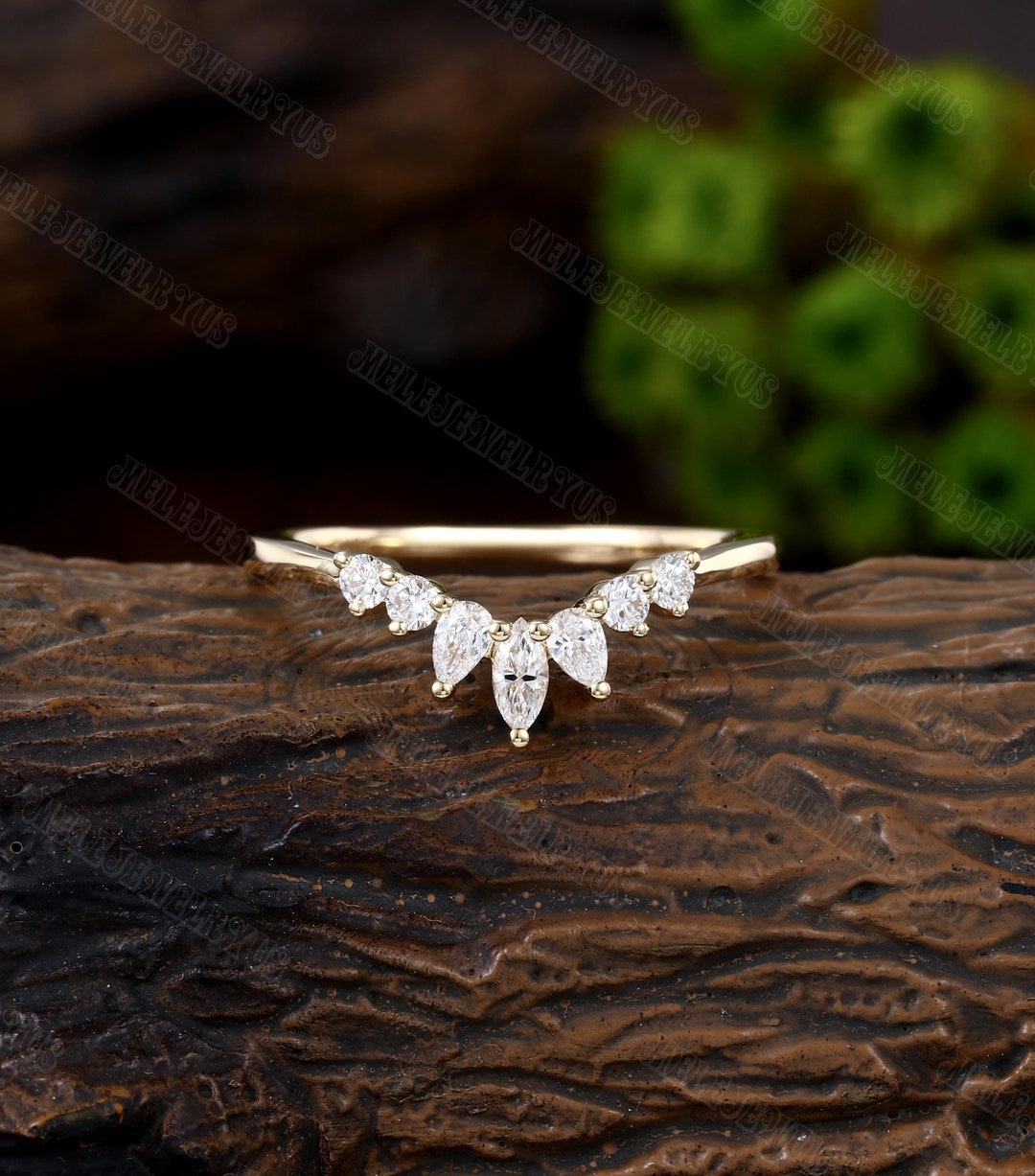 14K Curved Moissanite Wedding Band Vintage Marquise Yellow Gold Wedding ...