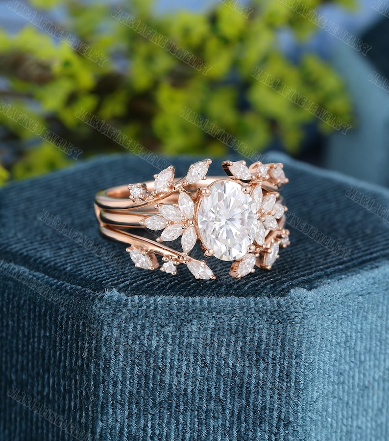 Oval cut moissanite/Lab diamond Engagement Ring set Rose gold Engagement Ring Vintage Unique Marquise double curved diamond promise gift image 3