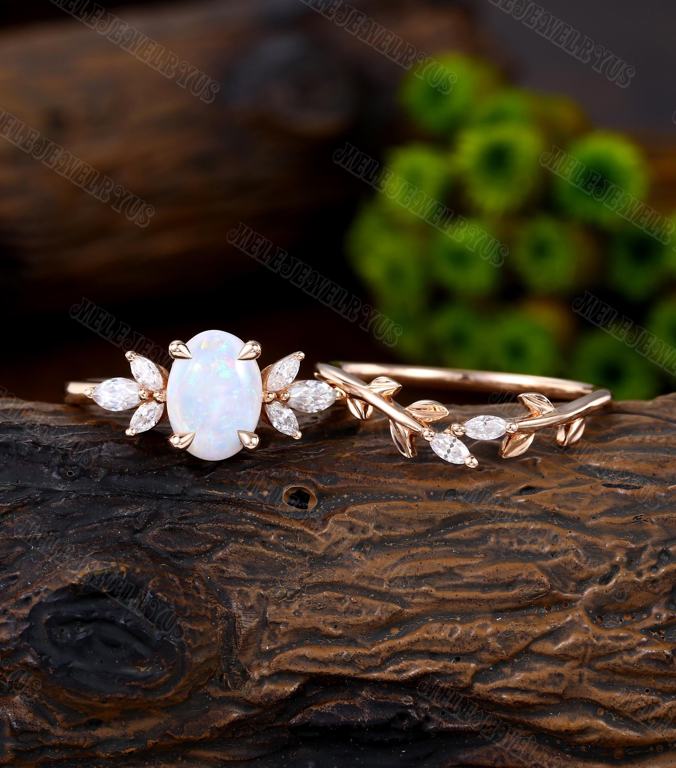 Unique Oval Cut Opal Engagement Ring Set Rose Gold Moissanite Cluster ...