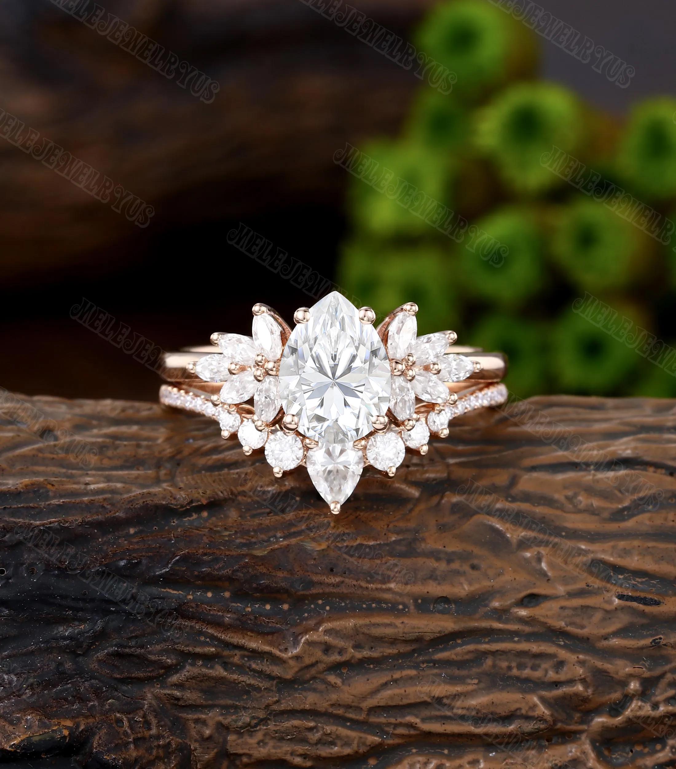Pear Cut Moissanite Engagement Ring Set Unique 10k/14k Rose Gold