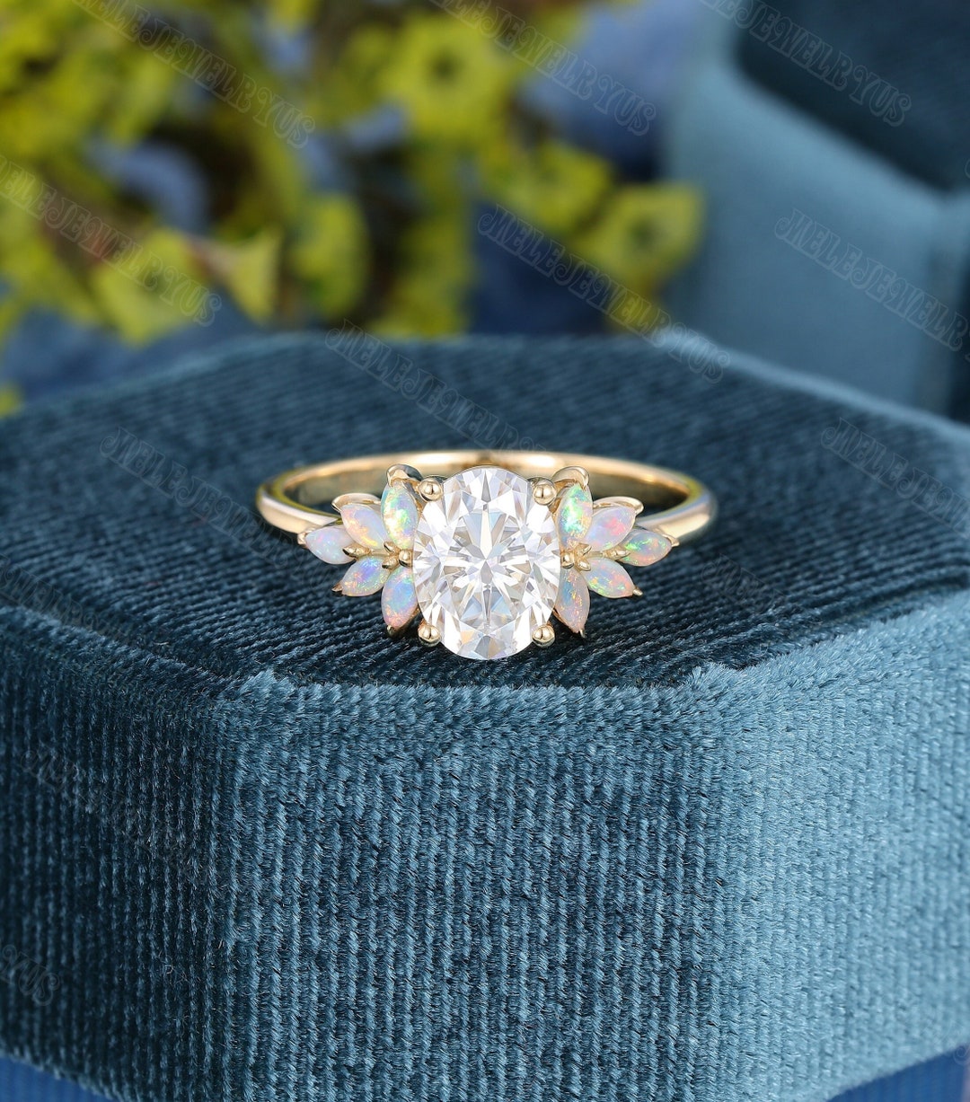 Oval Cut Moissanite Engagement Ring Women Vintage Cluster Yellow Gold ...