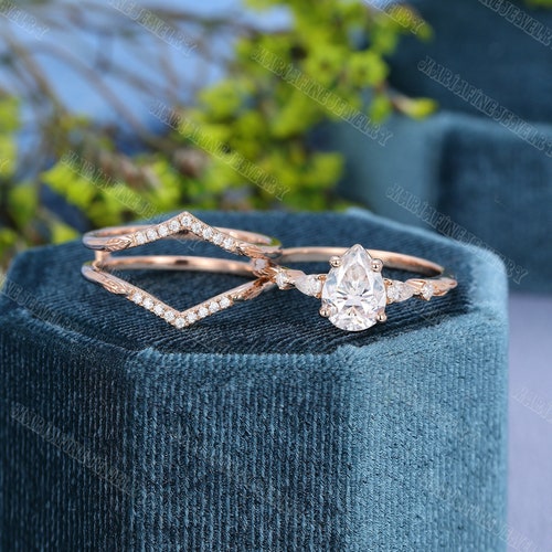 Unique Pear Shaped Moissanite Engagement Ring Vintage Rose - Etsy