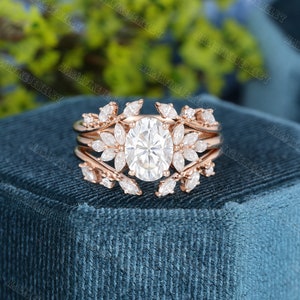 Oval cut moissanite/Lab diamond Engagement Ring set Rose gold Engagement Ring Vintage Unique Marquise double curved diamond promise gift image 2