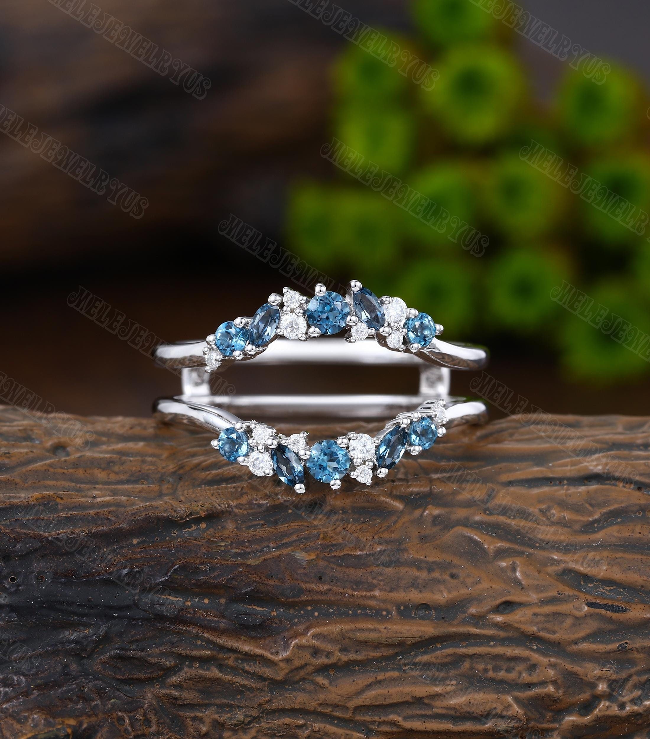 Doppelt geschwungener Hochzeit Band Band Weißgold Vintage Marquise Diamant stapeln passend London Blue Topaz Versprechen Jahrestag Geschenk