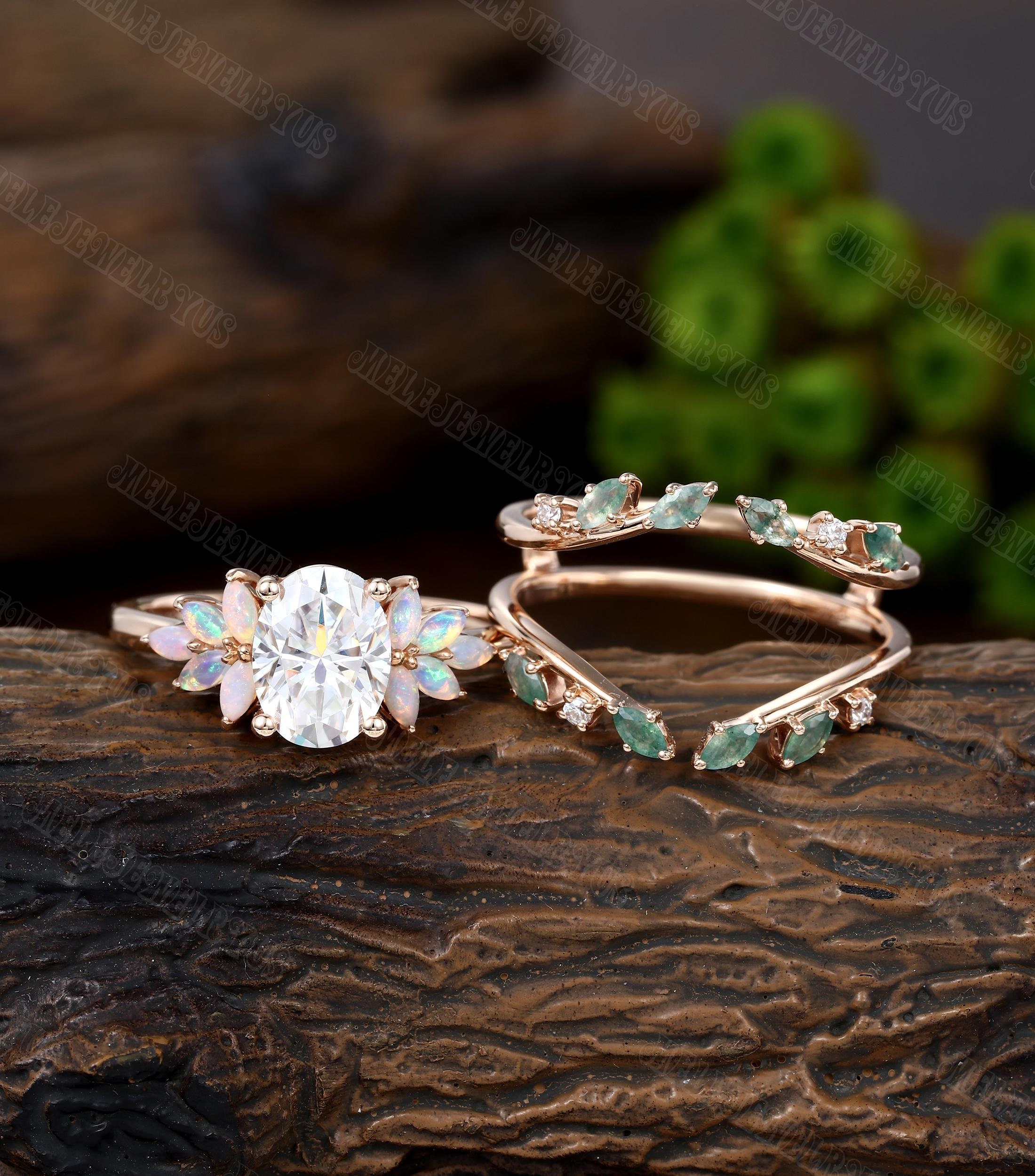 Oval Cut Moissanite Engagement Ring Set Vintage 10k/14k Rose Gold Opal ...
