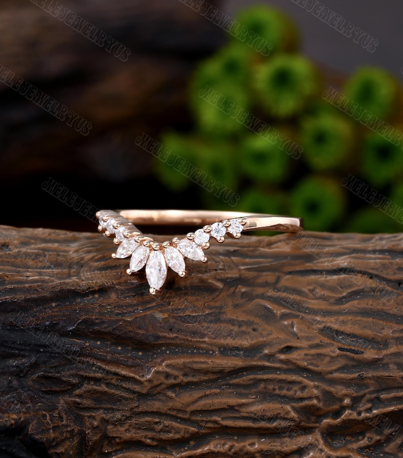 Marquise Moissanite Curved Wedding Band Vintage 14K Rose Gold Half ...