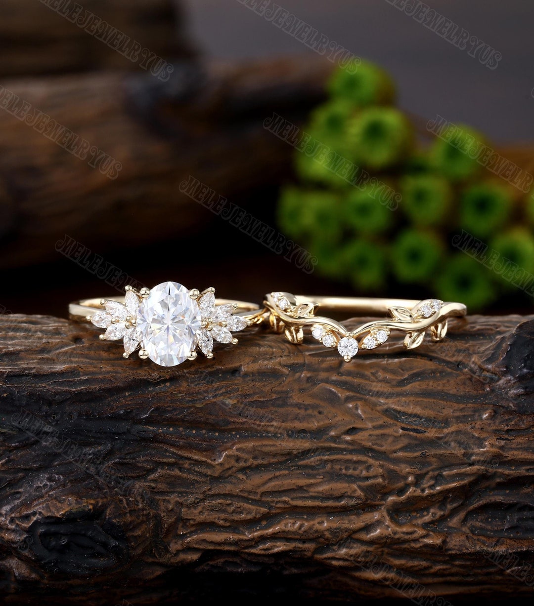 6*8mm Oval Cut Moissanite Engagement Ring Set Yellow Gold Engagement ...