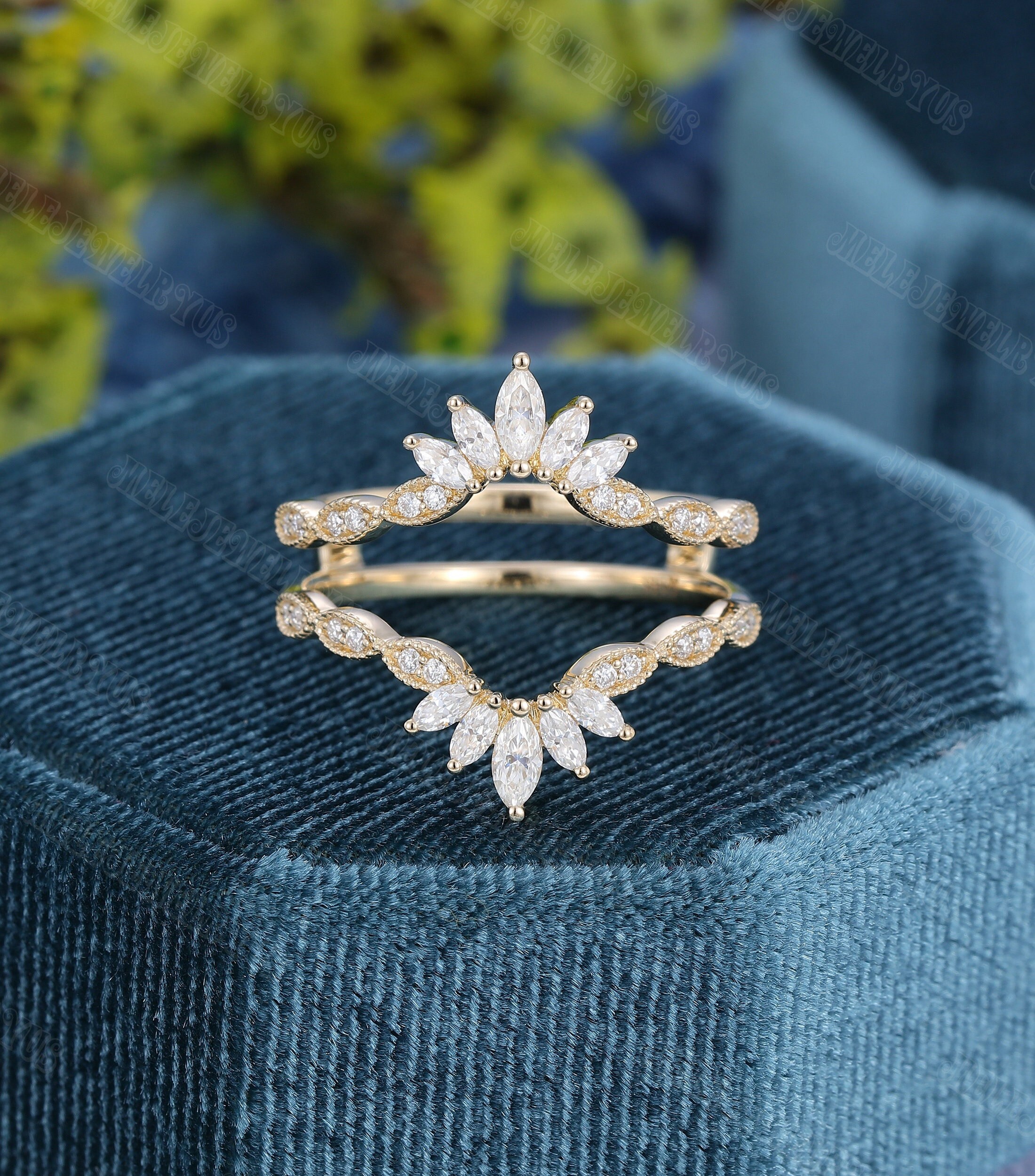 Double Curved Wedding Band Art Deco 14k Yellow Gold Marquise Moissanite ...