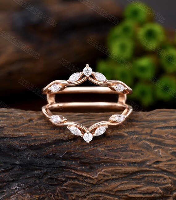 Marquise moissanite double curved wedding band 10K/14K rose gold cluster diamond enhancer ring Vintage stacking matching bridal Promise ring