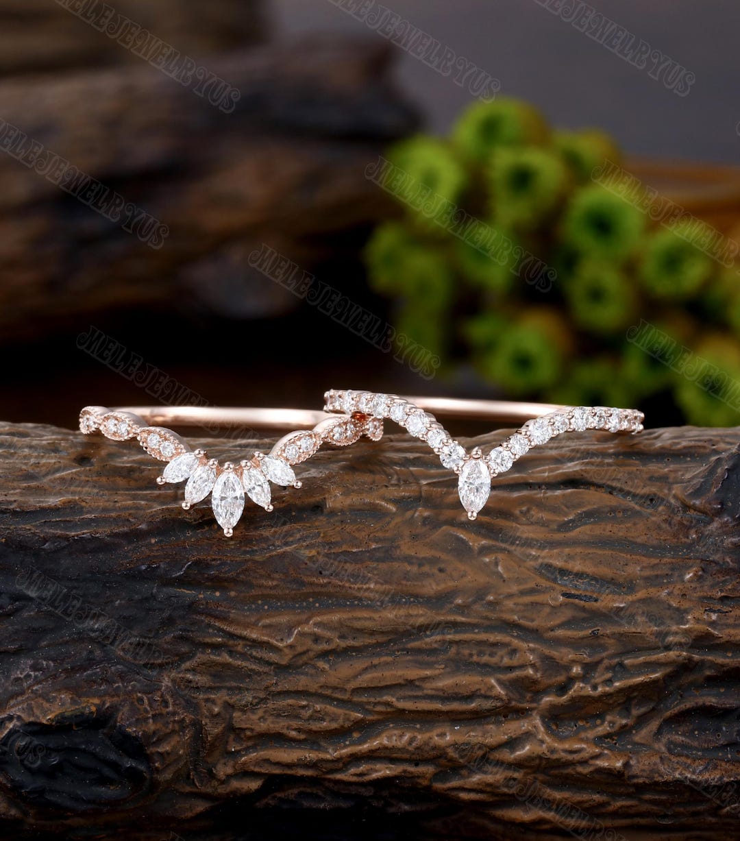 2PCS Curved Wedding Band Vintage 14k Rose Gold Double Marquise ...