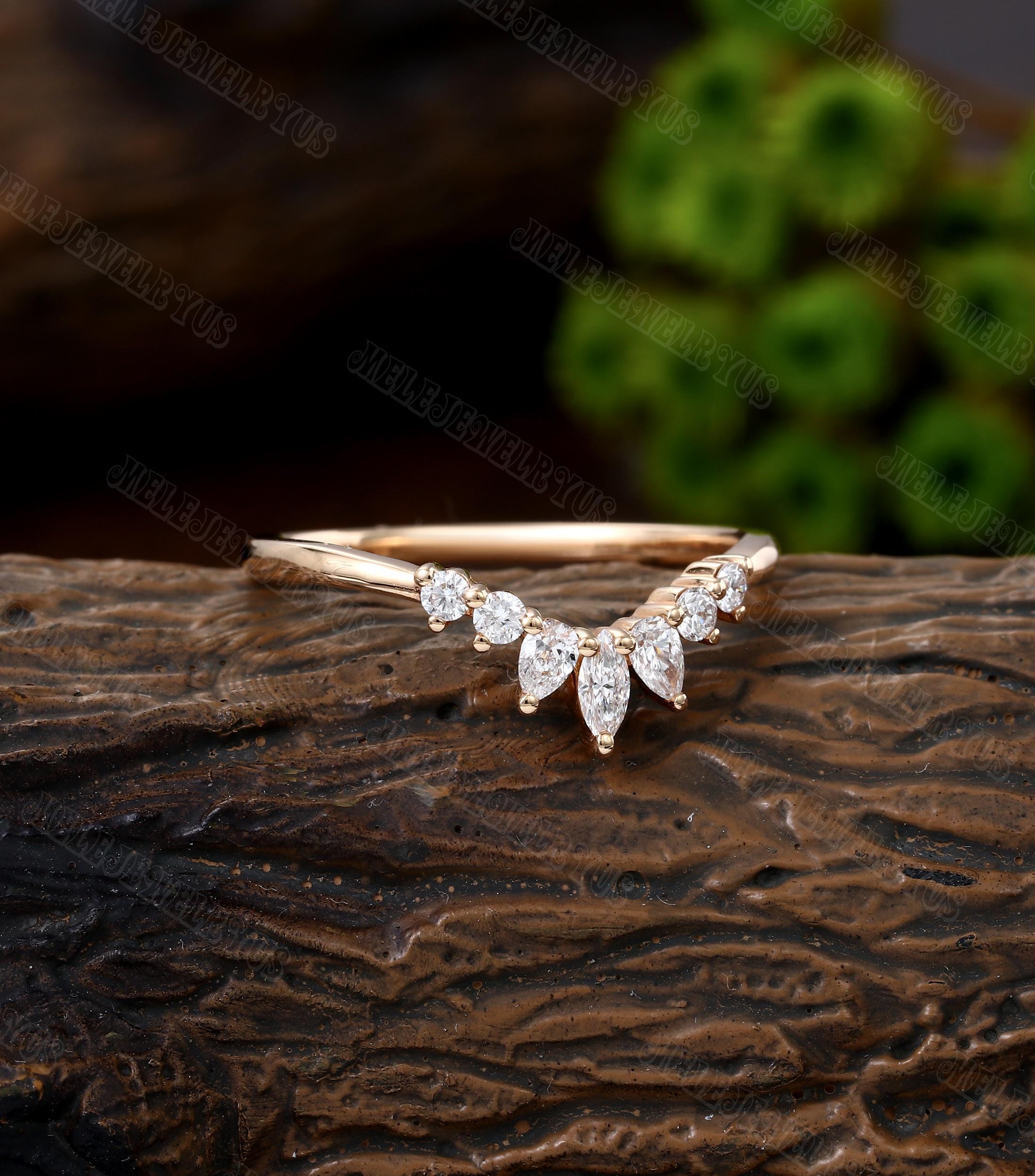 14K Curved Moissanite Wedding Band Vintage Marquise Rose Gold Wedding ...