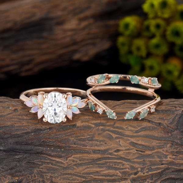Oval cut moissanite engagement ring set Vintage 10k/14k rose gold opal bridal promise ring Marquise moss agate stacking double wedding band