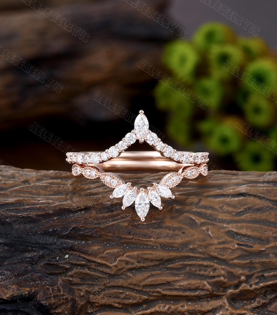 2PCS Curved Wedding Band Rose Gold Double Marquise Diamond Vintage