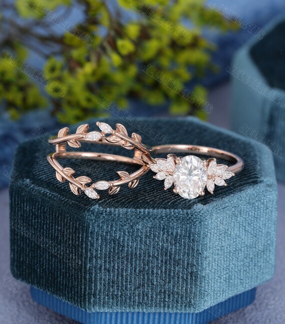 Oval Cut Moissanite Double Engagement Ring Set Rose Gold Unique