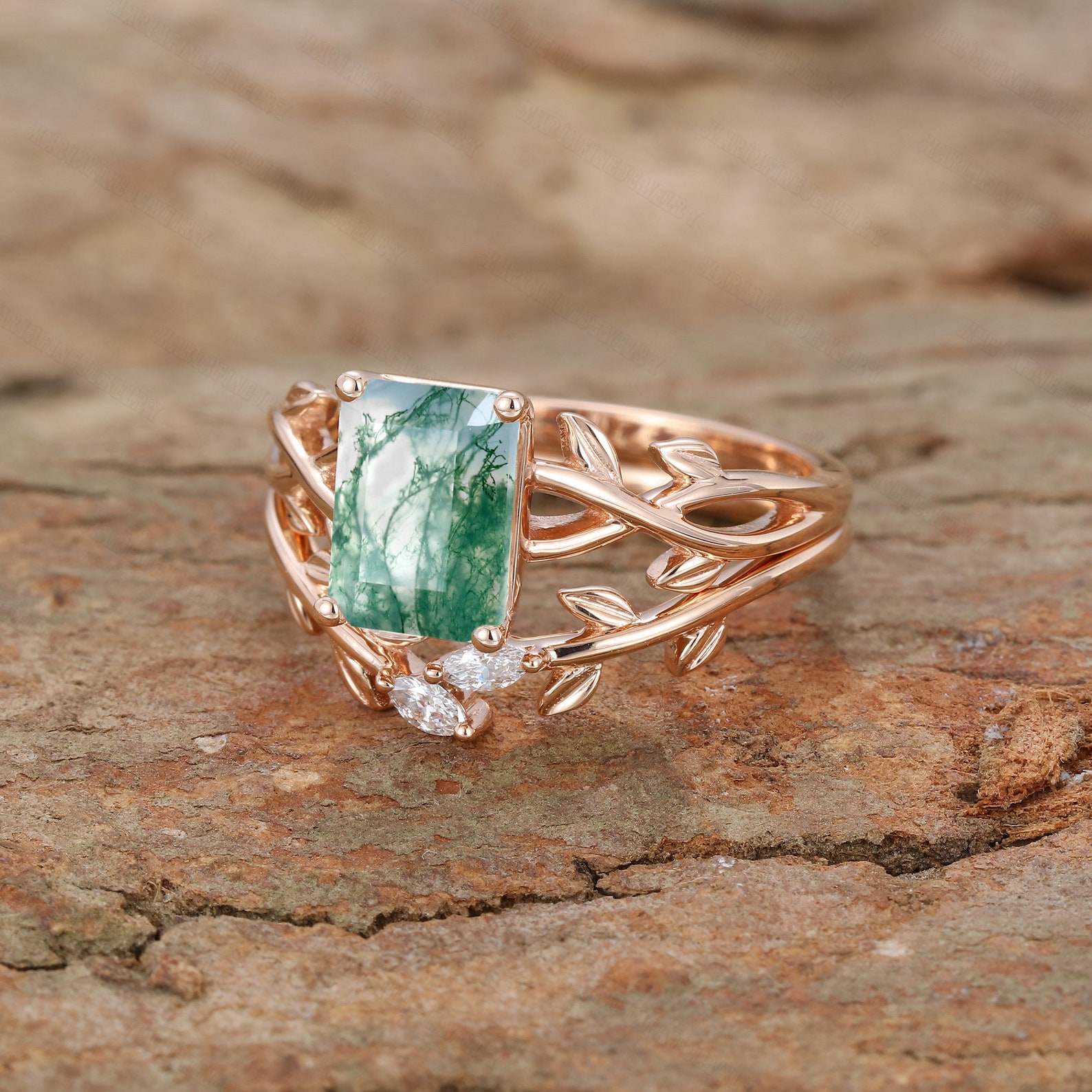 Emerald Cut Moss Agate Engagement Ring Set Rose Gold Art Deco | Etsy