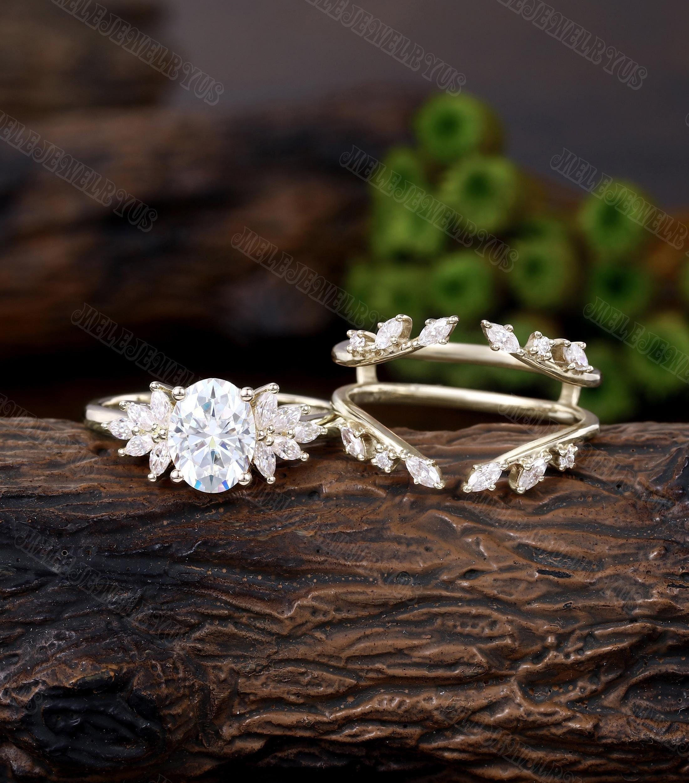 Vintage Oval Cut Moissanite Engagement Ring Set Yellow Gold Engagement ...