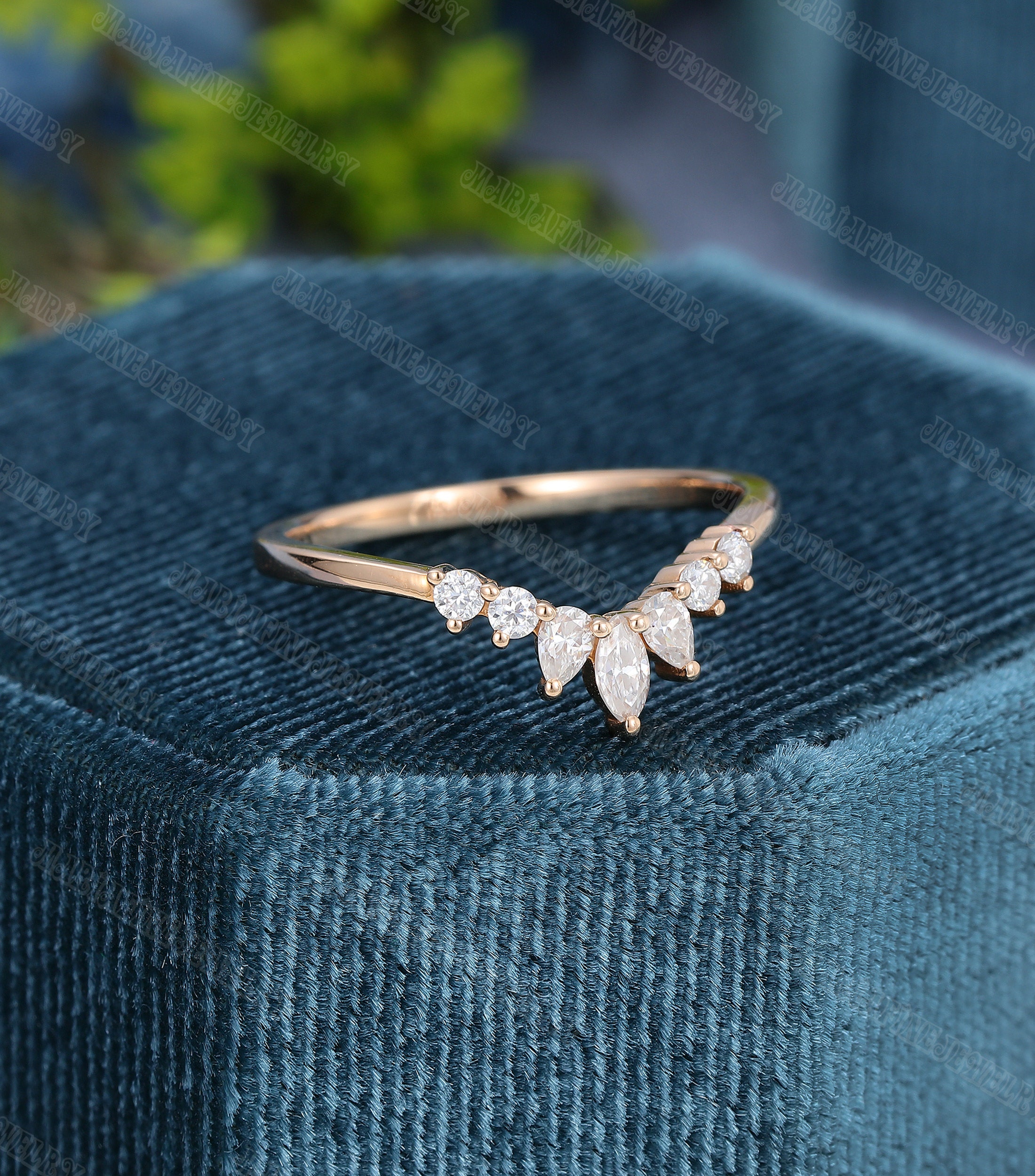 14K Curved Moissanite Wedding Band Vintage Marquise Rose Gold Wedding ...