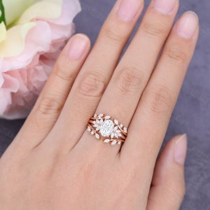 Oval cut moissanite/Lab diamond Engagement Ring set Rose gold Engagement Ring Vintage Unique Marquise double curved diamond promise gift image 5