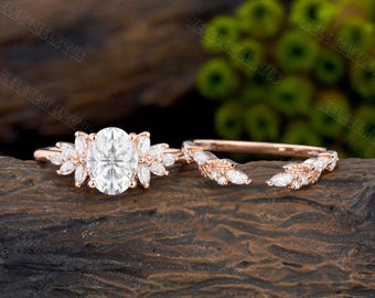 Oval cut moissanite engagement ring set Unique 10k/14k rose gold diamond bridal ring Nature inspired leaf twig stacking curved wedding band