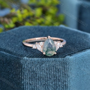 Unique Pear shaped Moss Agate Engagement Ring Vintage Rose gold Engagement Ring Marquise diamond Wedding Anniversary promise Gift for women image 3