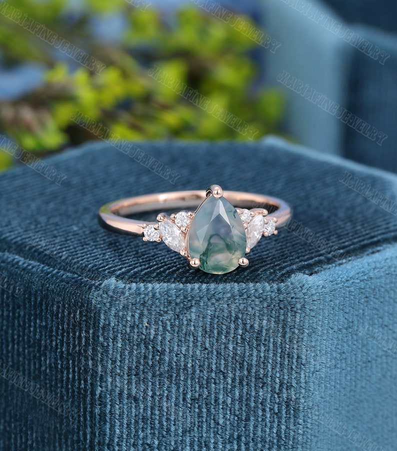 Unique Pear shaped Moss Agate Engagement Ring Vintage Rose gold Engagement Ring Marquise diamond Wedding Anniversary promise Gift for women image 3