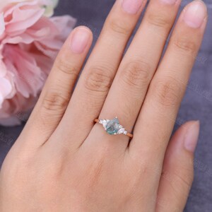 Unique Pear shaped Moss Agate Engagement Ring Vintage Rose gold Engagement Ring Marquise diamond Wedding Anniversary promise Gift for women image 5